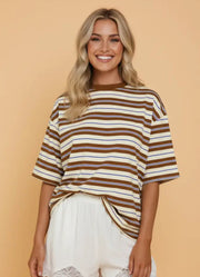Stripe SS Oversized Tee in Brown by Pretty Bash