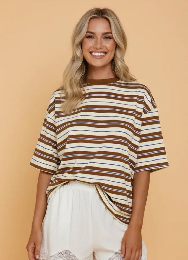 Stripe SS Oversized Tee in Brown by Pretty Bash