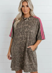 Leopard Contrast Stripe Mini T Shirt Dress in Brown by Pretty Bash