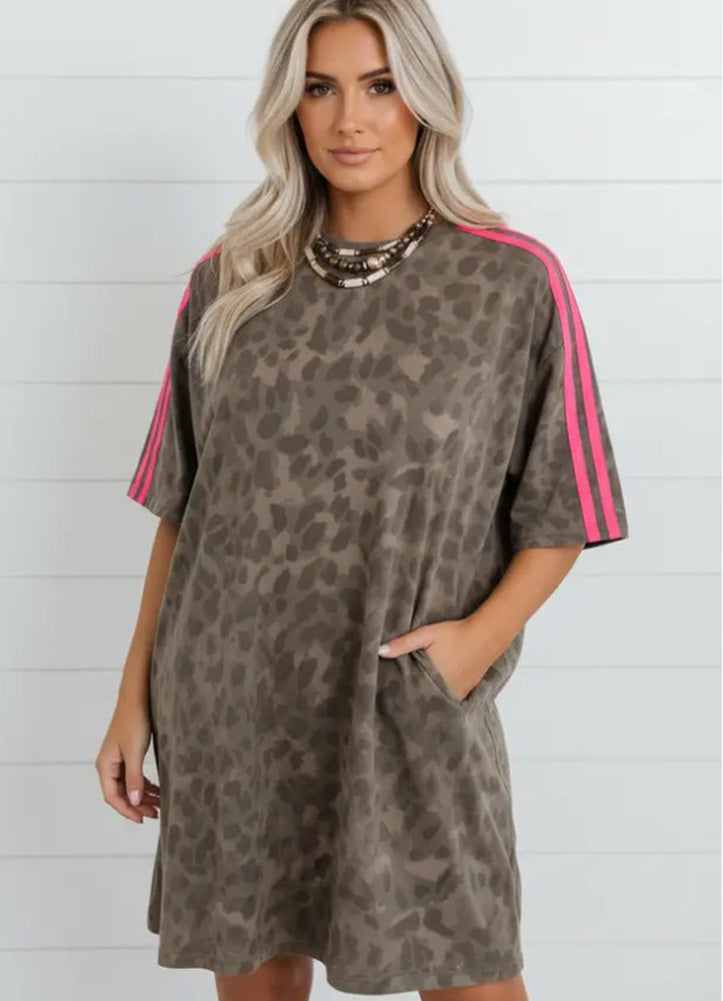 Leopard Contrast Stripe Mini T Shirt Dress in Brown by Pretty Bash