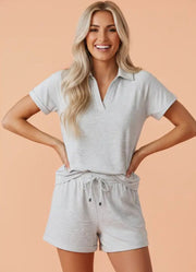 Collared V Neck Tee & Short Set in Light Grey by Pretty Bash