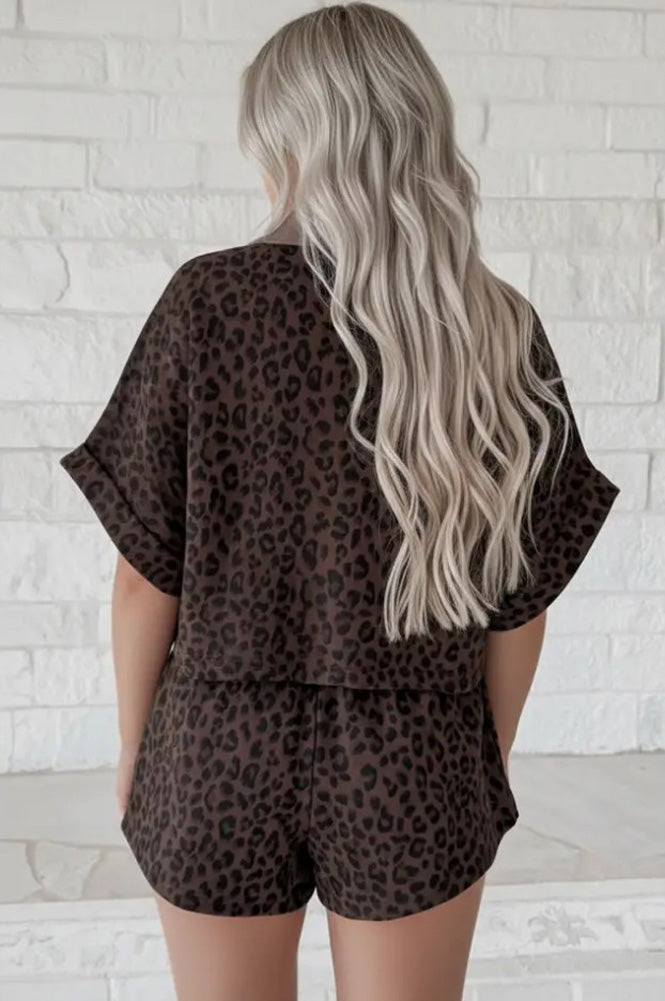 Leopard Collared V Neck Top & Short Set in Brown by Pretty Bash