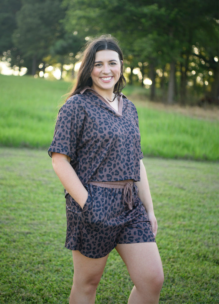Leopard Collared V Neck Top & Short Set in Brown by Pretty Bash