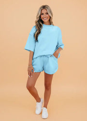 Solid Mock Neck Tee & Short Set in Mist Blue by Pretty Bash