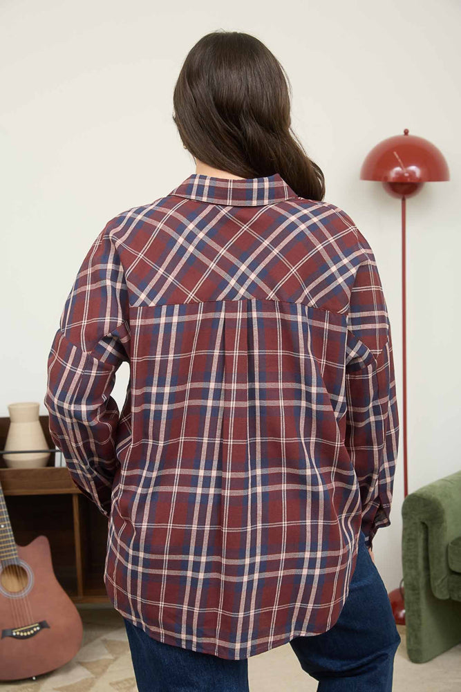 Plus Plaid Button Down LS in Burgundy Multi by Blu Pepper