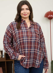 Plus Plaid Button Down LS in Burgundy Multi by Blu Pepper