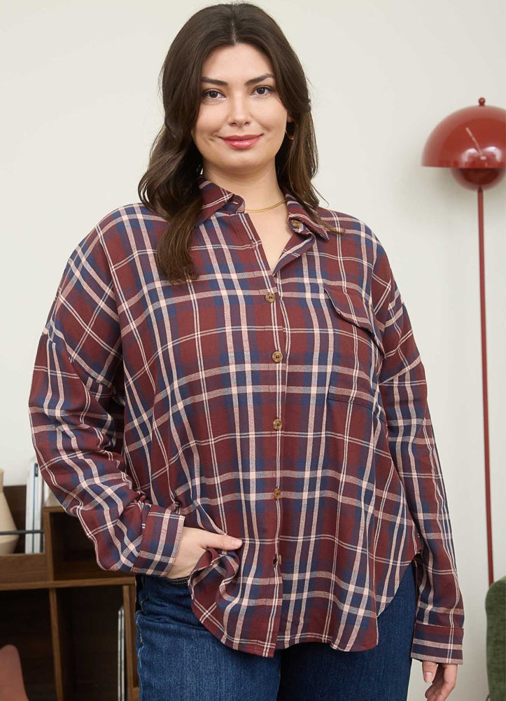 Plus Plaid Button Down LS in Burgundy Multi by Blu Pepper