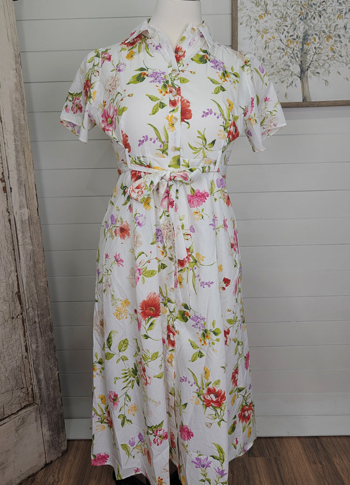 Plus Floral SS Belted Midi Shirt Dress in Ivory Multi by Blu Pepper