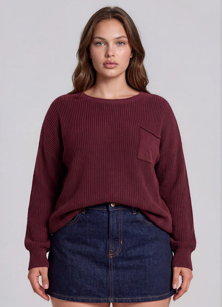 Plus Raw Edge Cropped LS Knit Sweater in Burgundy by Blu Pepper