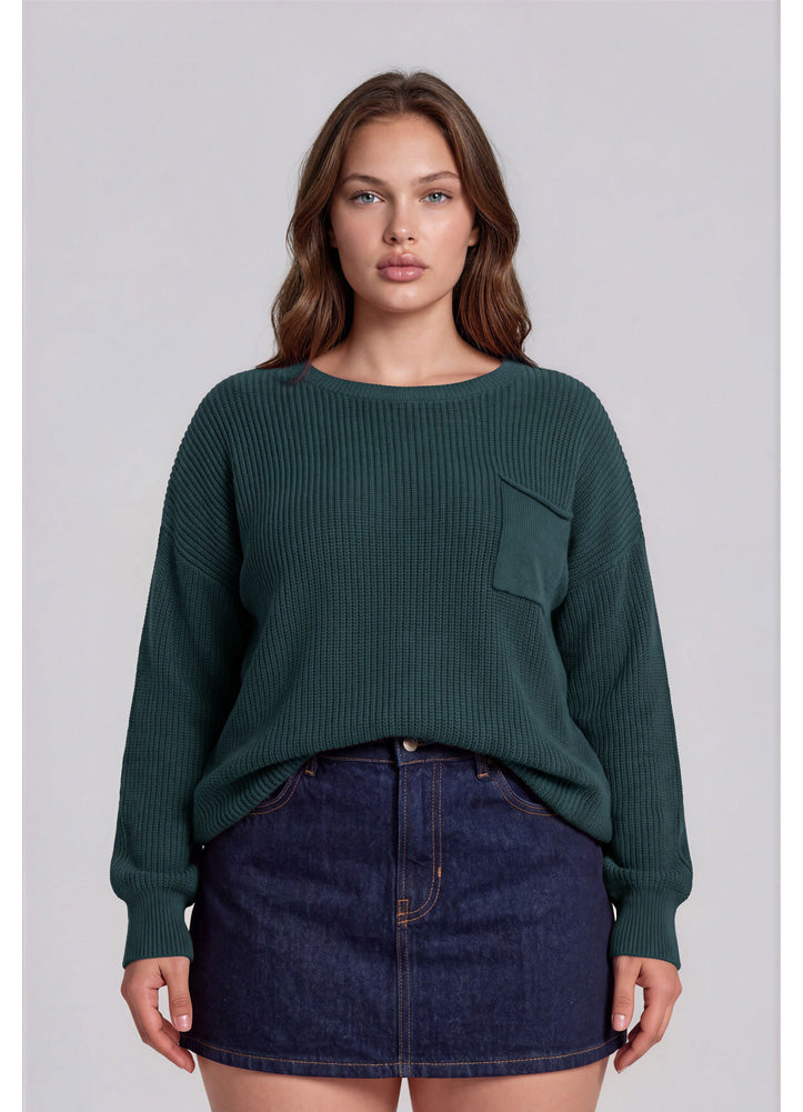 Plus Raw Edge Cropped LS Knit Sweater in Hunter Green by Blu Pepper