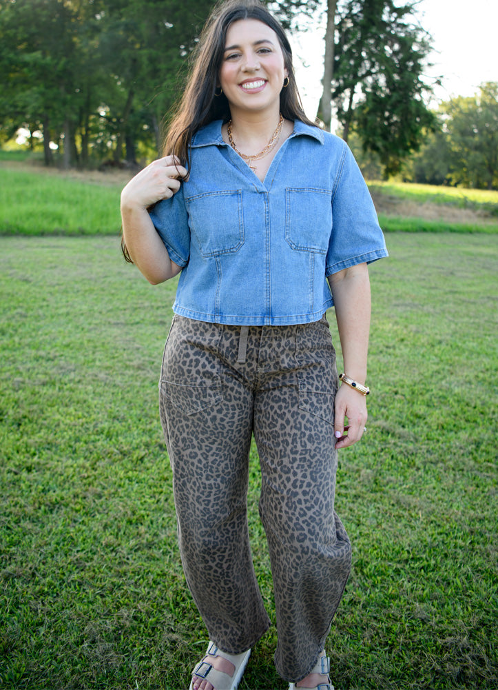 Slouchy Crop Barrel Pants in Brown Leopard by Risen