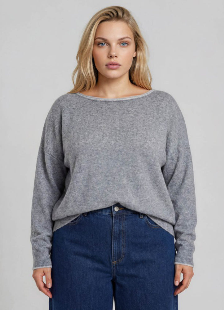 Plus Contrast Trim Off Shoulder Sweater in Dark Grey by Blu Pepper