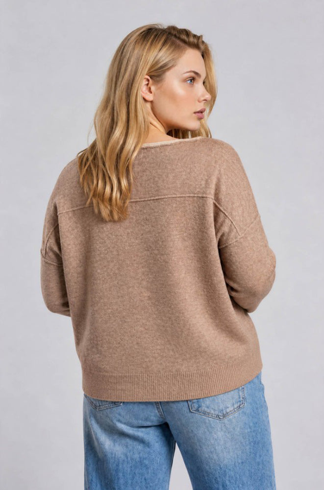 Plus Contrast Trim Off Shoulder Sweater in Mocha by Blu Pepper