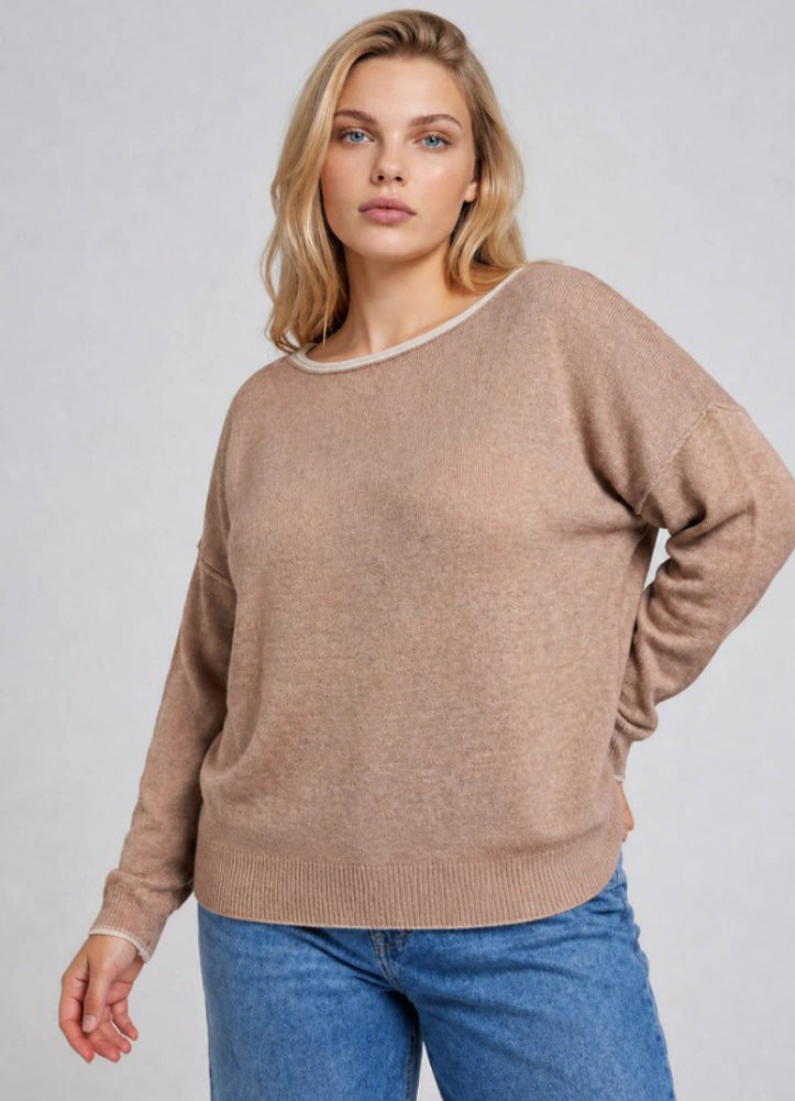 Plus Contrast Trim Off Shoulder Sweater in Mocha by Blu Pepper