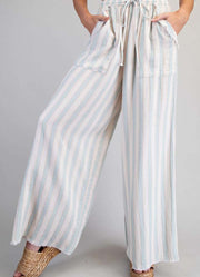 Striped Frayed Pocket Wide Leg Pants