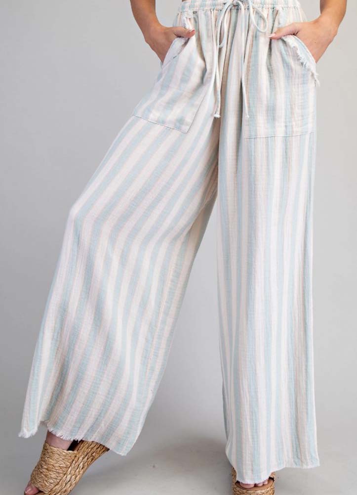 Striped Frayed Pocket Wide Leg Pants