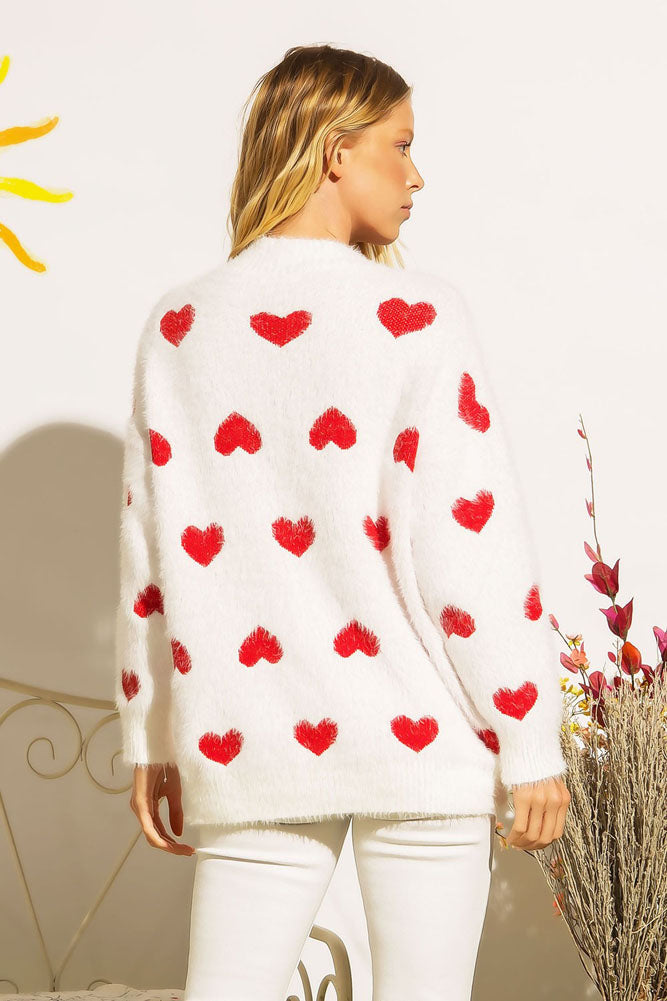 Fuzzy All Over Heart Pullover in Off White by Sweet Generis
