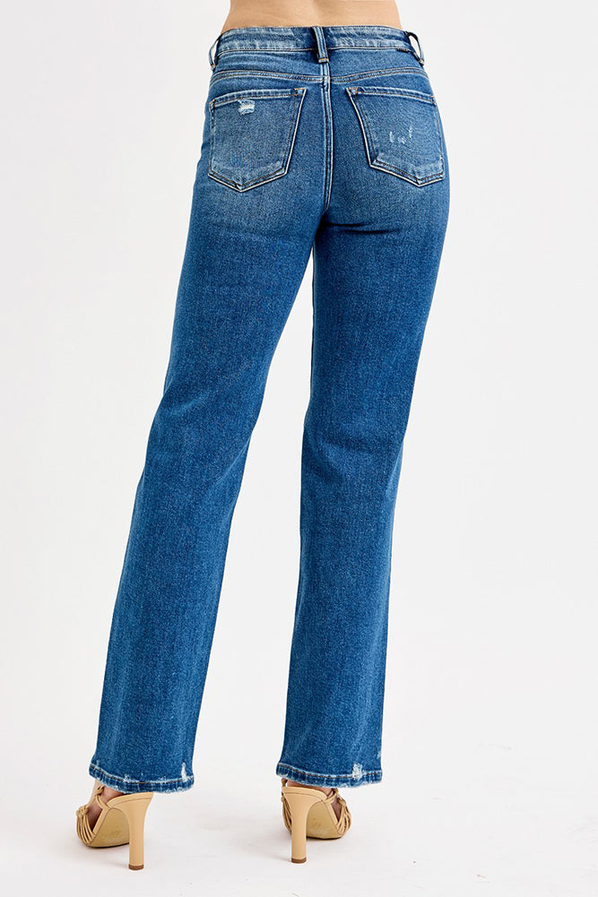 Tummy Control HR Straight Leg Distressed Jeans in Dark by Risen