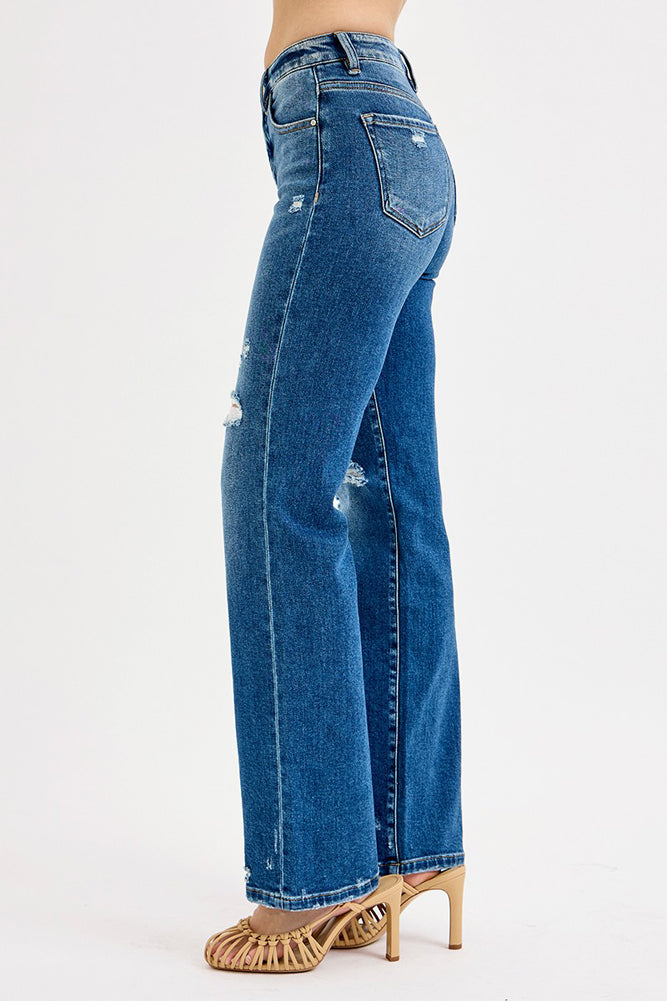 Tummy Control HR Straight Leg Distressed Jeans in Dark by Risen