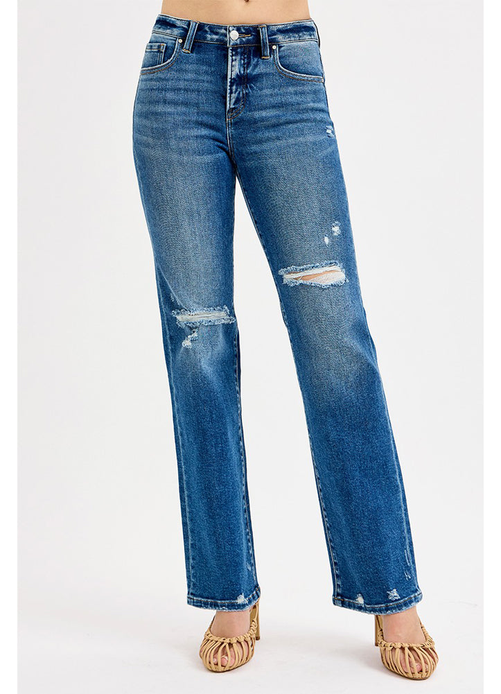 Tummy Control HR Straight Leg Distressed Jeans in Dark by Risen