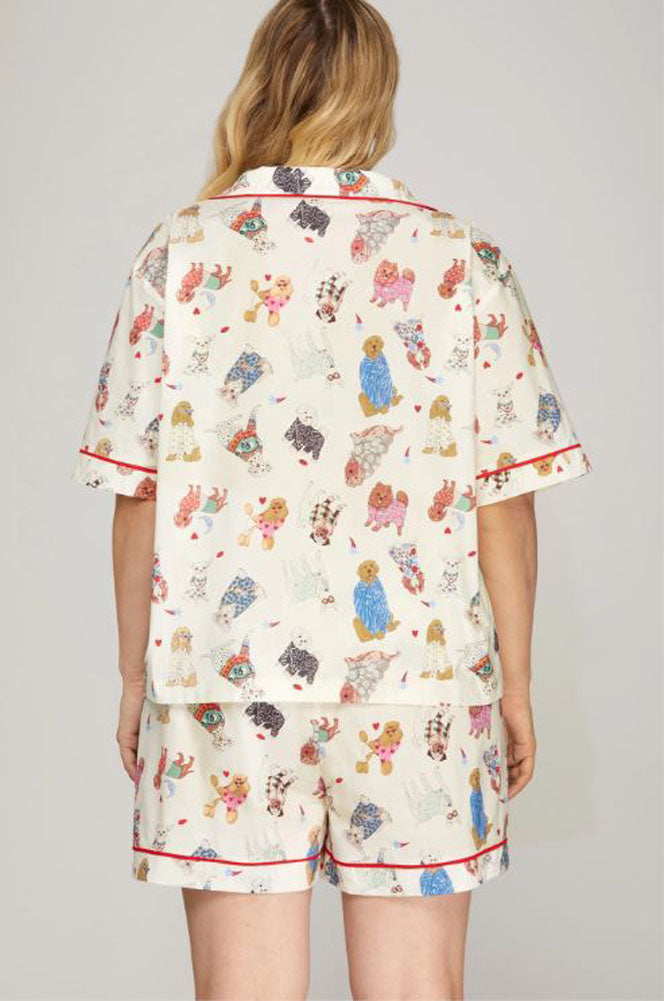 Short Sleeve Top and Shorts Pajama Set with Dog Print in Cream