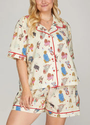 Short Sleeve Top and Shorts Pajama Set with Dog Print in Cream