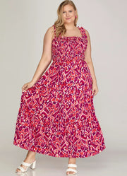 Plus Woven Smocked Tiered Maxi Dress in Fuchsia by She + Sky