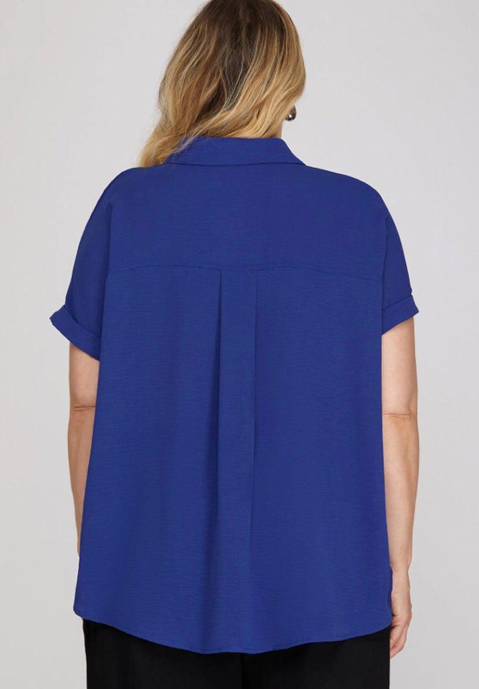 Plus Drop Shoulder Woven Top in Royal Blue by She + Sky