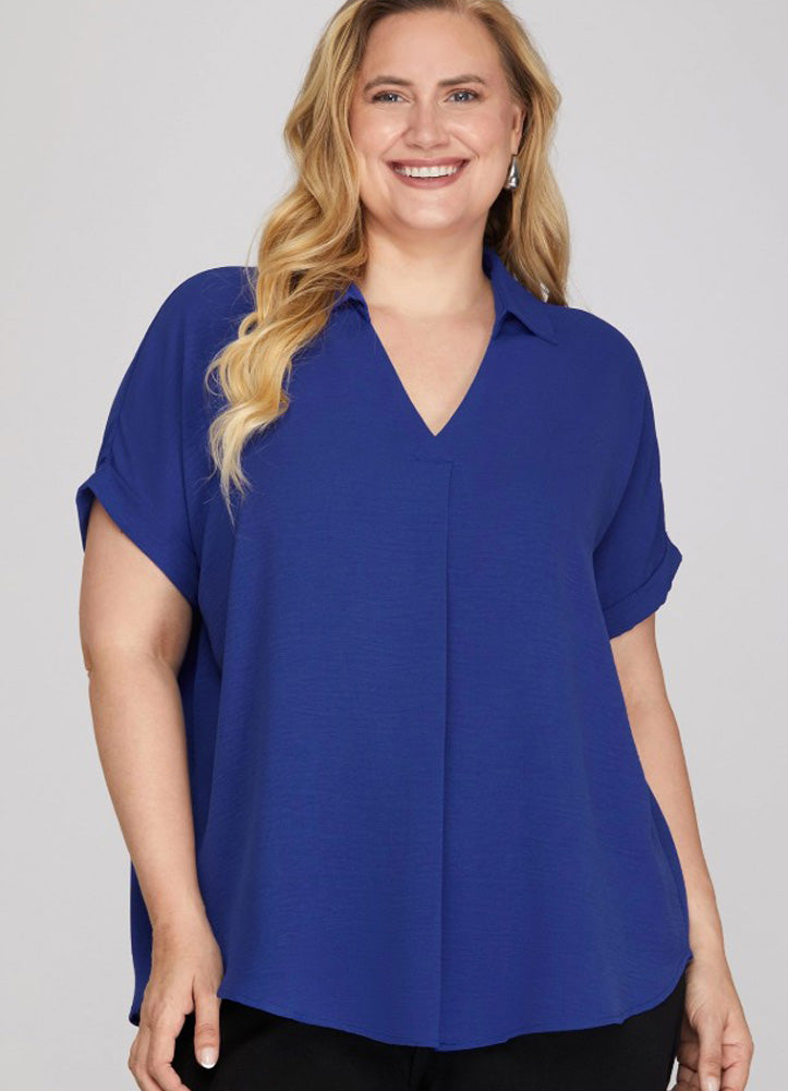 Plus Drop Shoulder Woven Top in Royal Blue by She + Sky