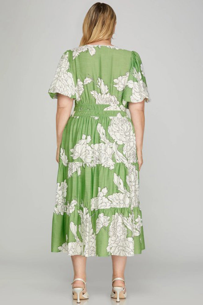 Plus Short Bubble Sleeve V Neck Tiered Print Midi Dress in Sage by She + Sky