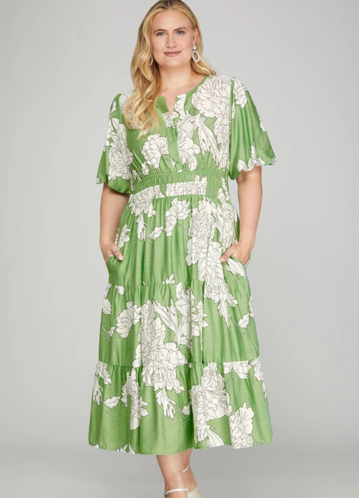 Plus Short Bubble Sleeve V Neck Tiered Print Midi Dress in Sage by She + Sky