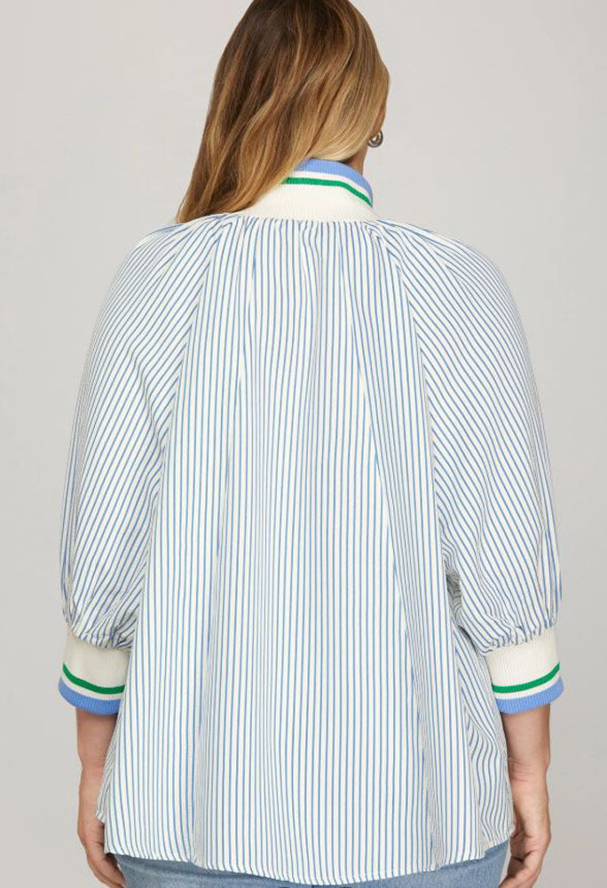 Plus 3/4 Sleeve Half Zip Striped Top in Blue by She + Sky
