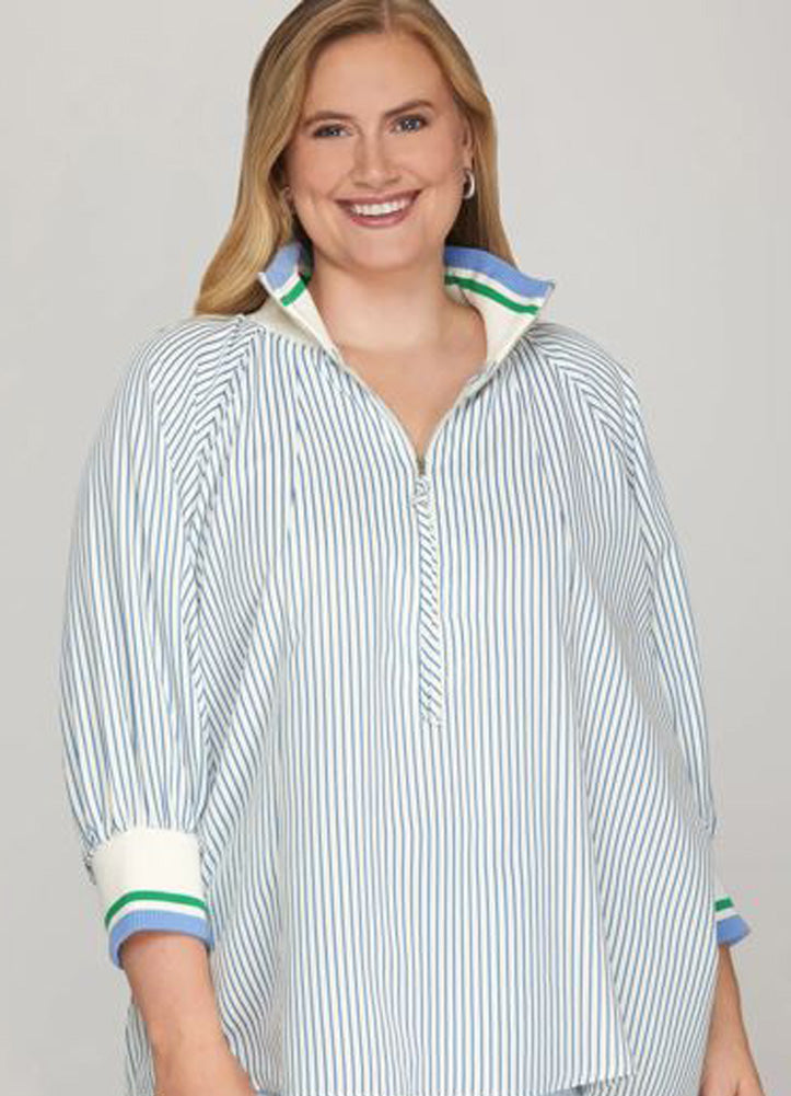 Plus 3/4 Sleeve Half Zip Striped Top in Blue by She + Sky