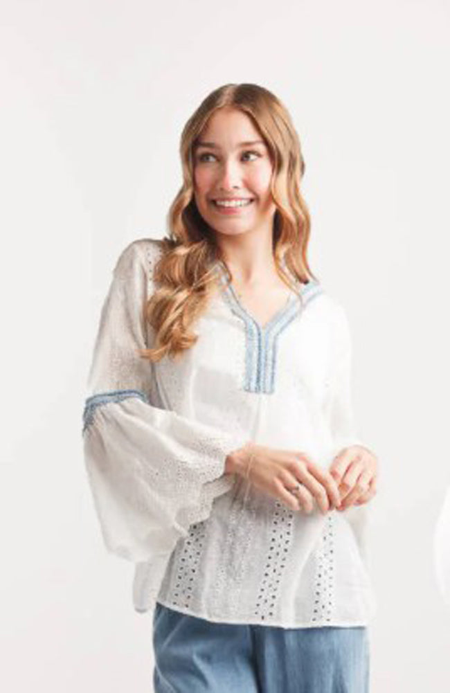 Eyelet Top w/ Denim Trim in White by Papillon