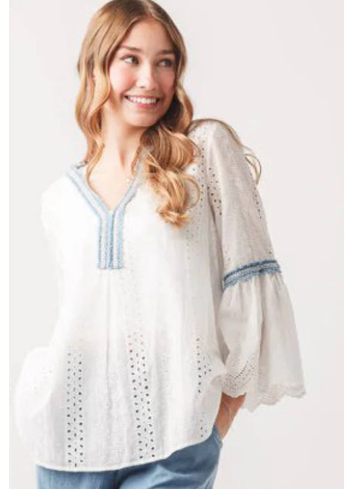 Eyelet Top w/ Denim Trim in White by Papillon