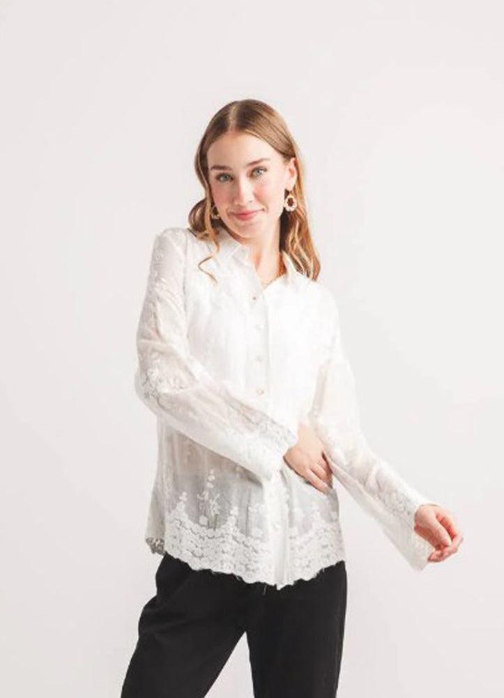Embroidered Collared Button Front Blouse in White by Papillon
