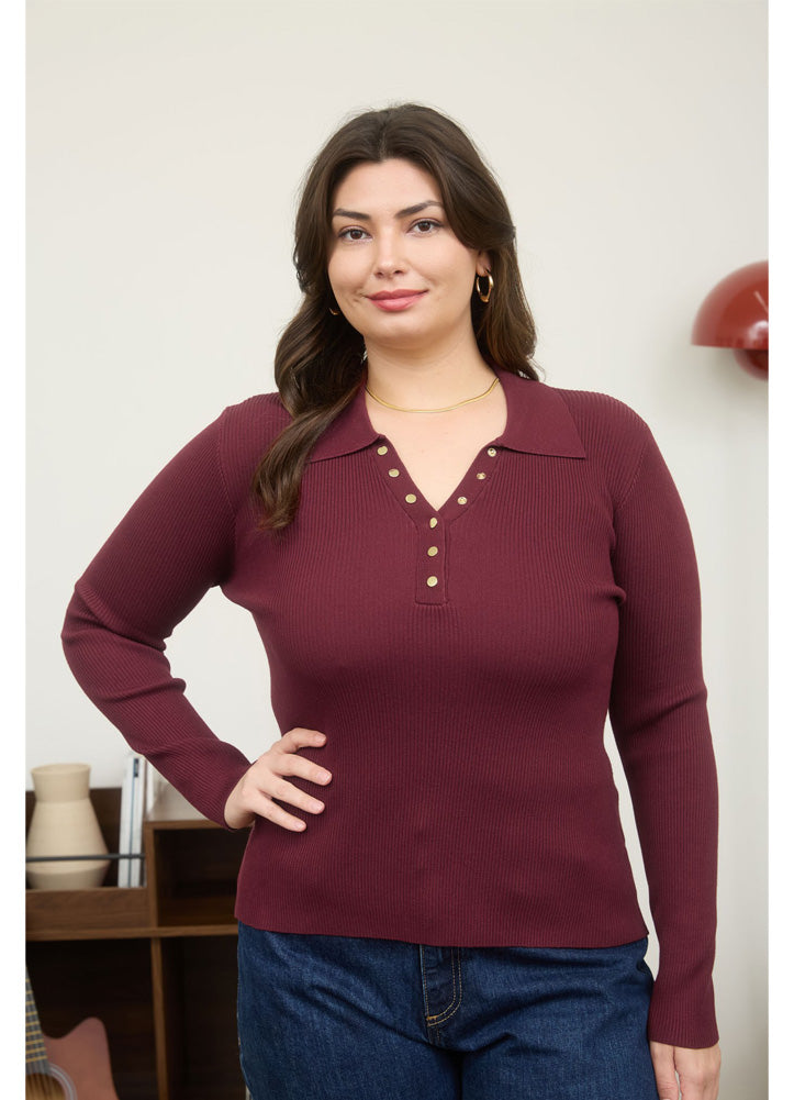 Plus Collared Gold Snap Button LS Sweater in Burgundy by Blu Pepper