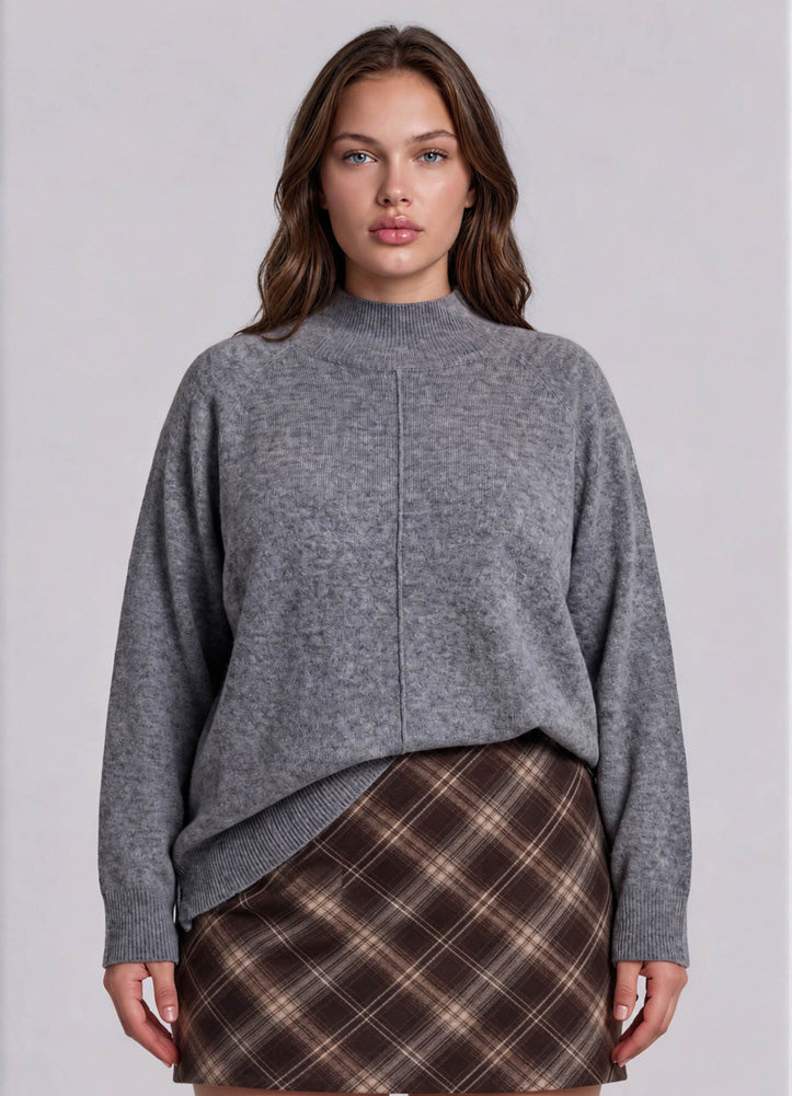 Plus Center Seam Mock Neck Relaxed Sweater in Grey by Blu Pepper