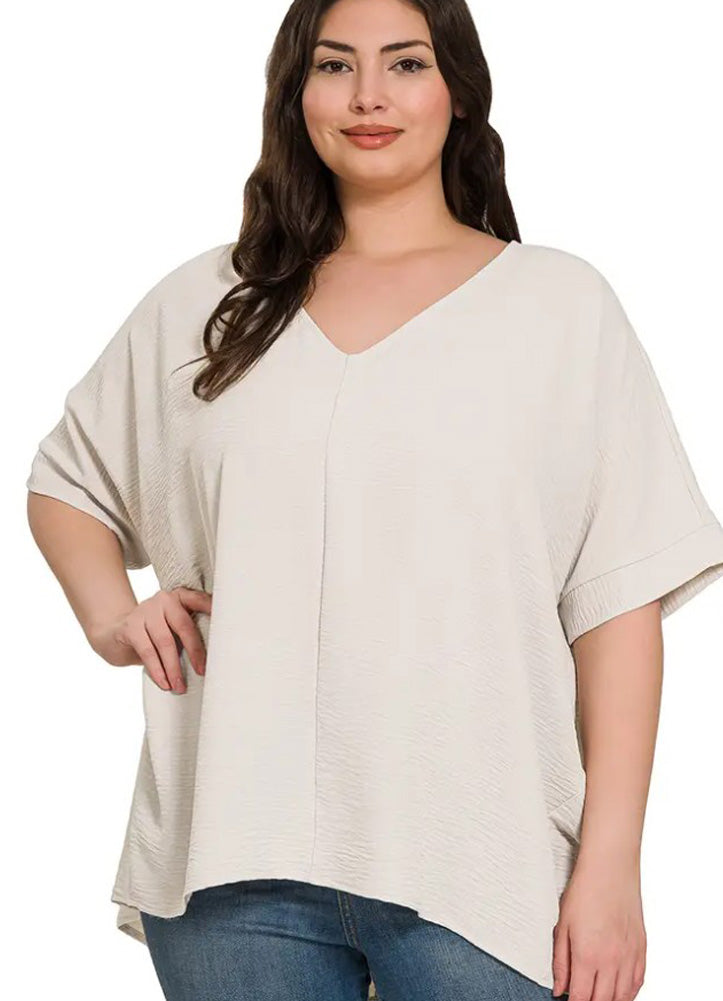 Plus Airflow V Neck Dolman Sleeve SS Top in Bone by Zenana