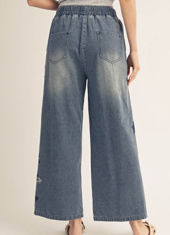 Elastic Wide Leg Pants with Star Patches by Jodifl