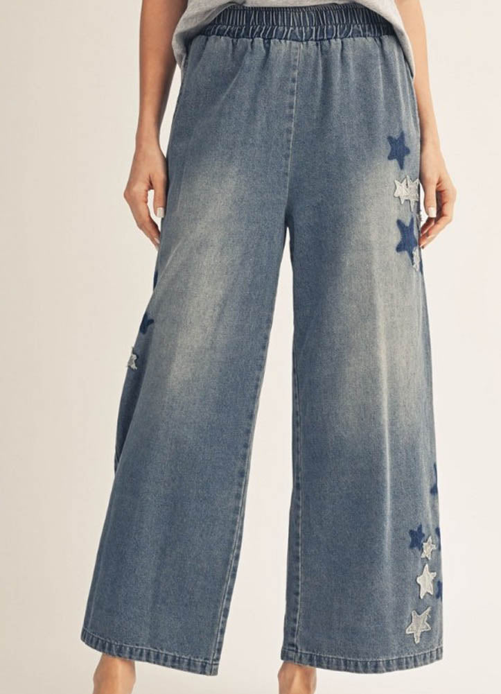Elastic Wide Leg Pants with Star Patches by Jodifl