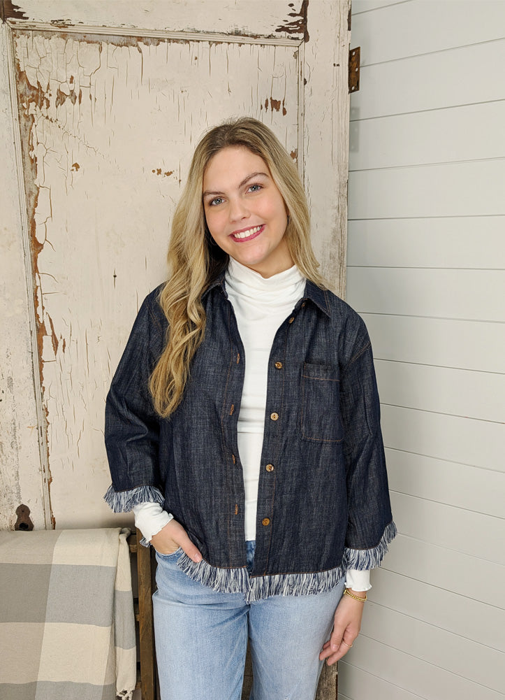 Button Down Fringe Hem Denim Top by Jodifl