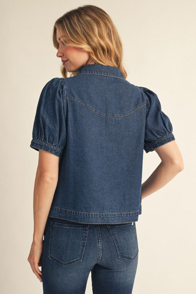 Short Puff Sleeve Button Down Denim Top with Embroidery Accent by Jodifl