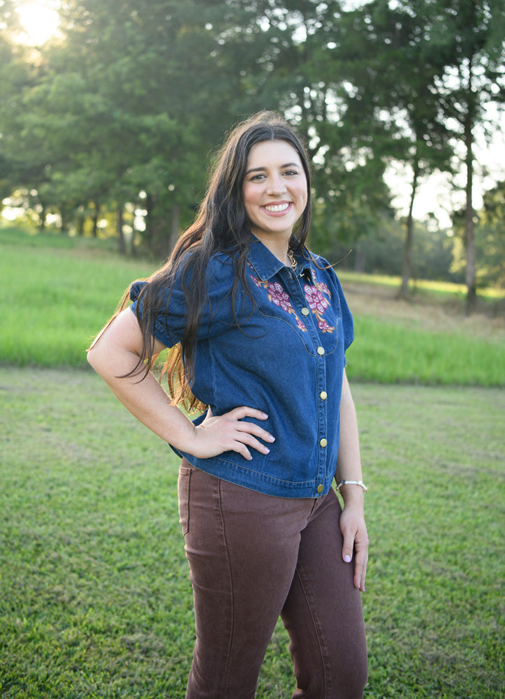 Short Puff Sleeve Button Down Denim Top with Embroidery Accent by Jodifl