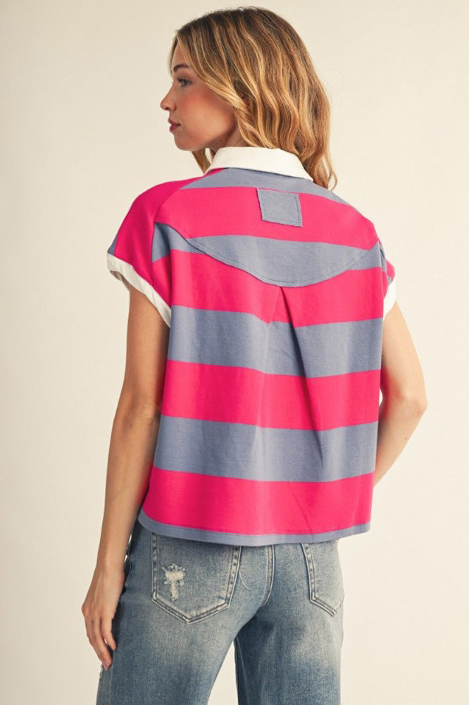 Drop Shoulder Striped Button Up Top in Fuchsia by Jodifl