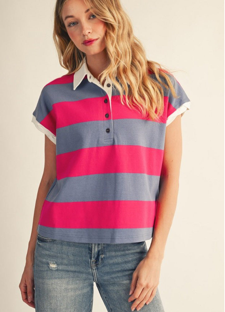 Drop Shoulder Striped Button Up Top in Fuchsia by Jodifl