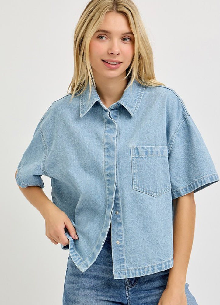 Oversized Half Sleeve Cropped Linen Shirt in Light by Risen