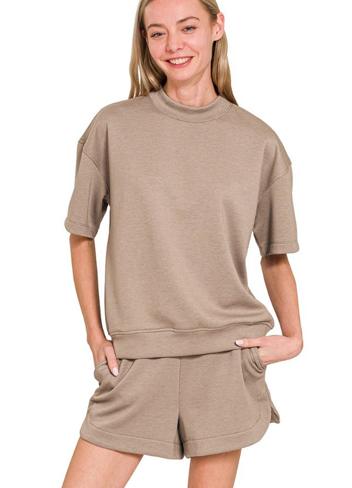 Scuba High Neck Top & Dolphin Short Set in Cocoa by Zenana