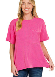 Raised Rib SS Front Pocket Top in Hot Pink by Zenana