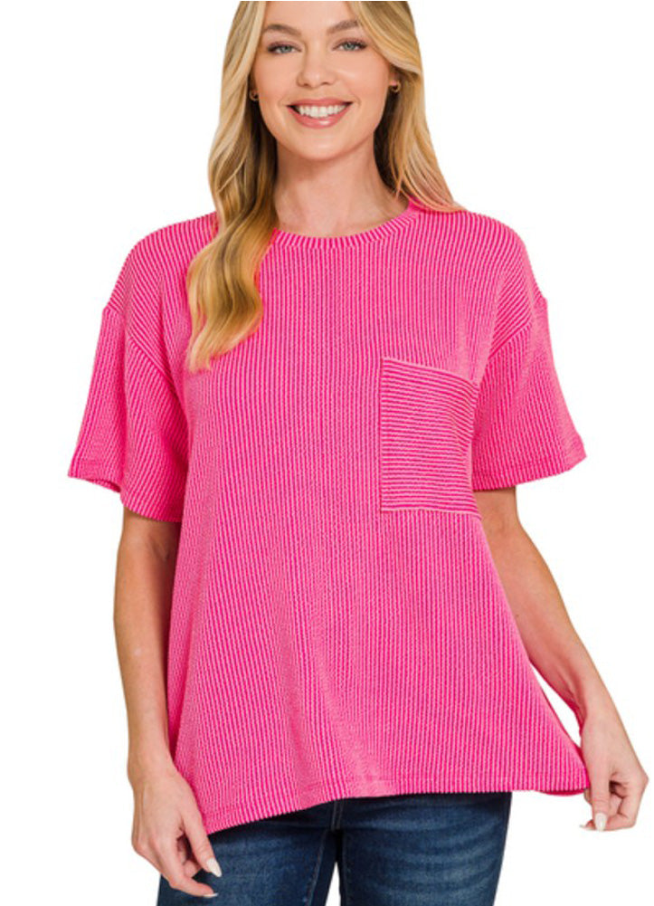 Raised Rib SS Front Pocket Top in Hot Pink by Zenana